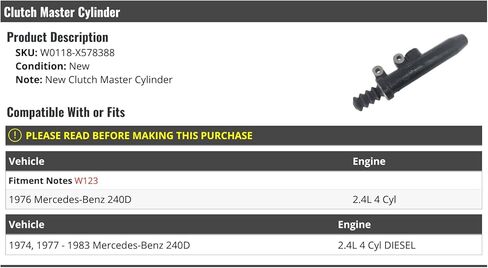 Marketplace Auto Parts Clutch Master Cylinder - Compatible with 1974, 1976-1983 Mercedes-Benz 240D 2.4L 4-Cylinder in Kuwait