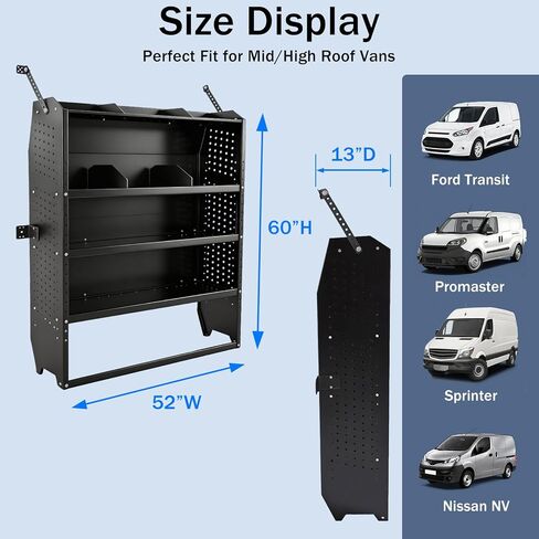 Cargo Van Shelving Steel Mid/High Roof Storage System Fit for Ford Transit, Promaster, Sprinter, Nissan NV, Steel Cargo Van Shelves 52" W x 60" H x 13" D in Saudi Arabia