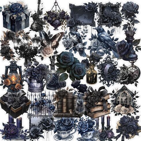 56 Pcs Gothic Rose Stickers Pack – Dark Victorian Aesthetic Scrapbooking Decals, Waterproof Clear Gothic Flowers & Vintage Objects for Journals, Planners, Art Crafts, Laptop Decoration in Saudi Arabia