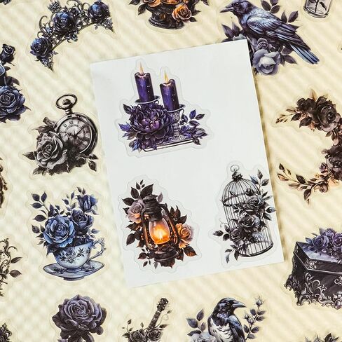 56 Pcs Gothic Rose Stickers Pack – Dark Victorian Aesthetic Scrapbooking Decals, Waterproof Clear Gothic Flowers & Vintage Objects for Journals, Planners, Art Crafts, Laptop Decoration in Saudi Arabia