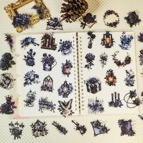 56 Pcs Gothic Rose Stickers Pack – Dark Victorian Aesthetic Scrapbooking Decals, Waterproof Clear Gothic Flowers & Vintage Objects for Journals, Planners, Art Crafts, Laptop Decoration in Saudi Arabia
