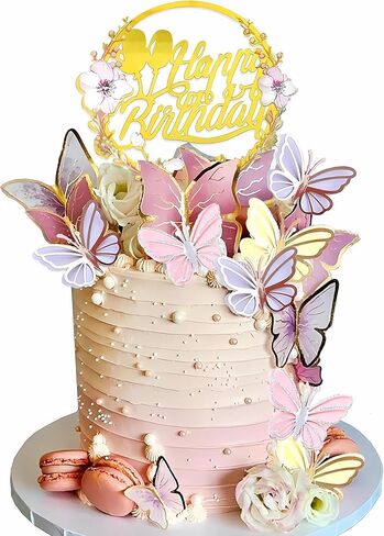 35PCS Butterfly Cake Topper Decorations with Artificial Flowers for Anniversary Butterfly Birthday Supplies (Pink Gold) in Kuwait