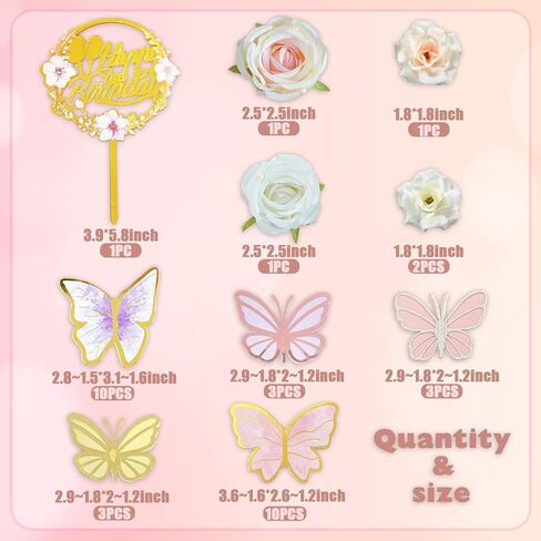 35PCS Butterfly Cake Topper Decorations with Artificial Flowers for Anniversary Butterfly Birthday Supplies (Pink Gold) in Kuwait
