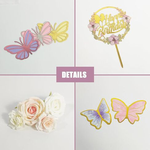 35PCS Butterfly Cake Topper Decorations with Artificial Flowers for Anniversary Butterfly Birthday Supplies (Pink Gold) in Kuwait