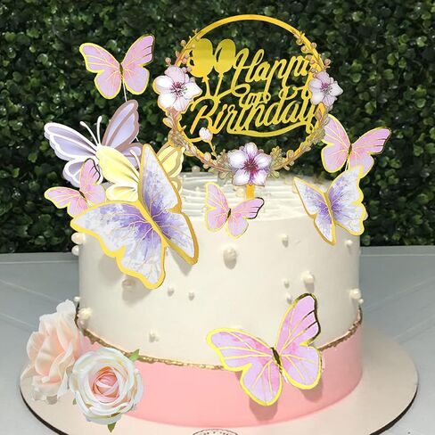 35PCS Butterfly Cake Topper Decorations with Artificial Flowers for Anniversary Butterfly Birthday Supplies (Pink Gold) in Kuwait