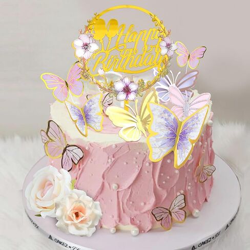 35PCS Butterfly Cake Topper Decorations with Artificial Flowers for Anniversary Butterfly Birthday Supplies (Pink Gold) in Kuwait