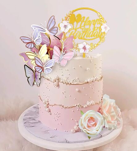 35PCS Butterfly Cake Topper Decorations with Artificial Flowers for Anniversary Butterfly Birthday Supplies (Pink Gold) in Kuwait