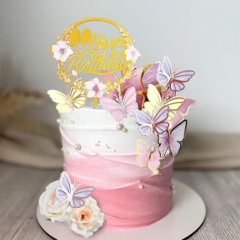 35PCS Butterfly Cake Topper Decorations with Artificial Flowers for Anniversary Butterfly Birthday Supplies (Pink Gold) in Kuwait