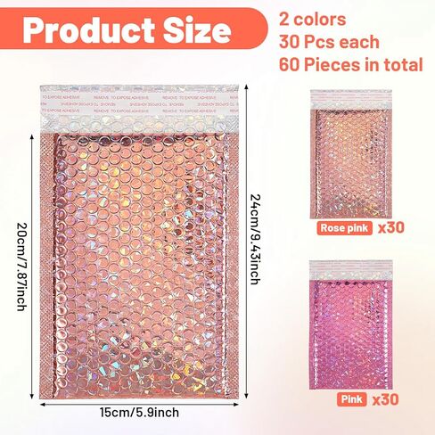 60 Pcs Bubble Mailers Foil Metallic Colored Bubble Mailers Holographic Padded Envelopes Self Seal Waterproof Shipping Bags 6 x 8 Inch for Jewelry Cosmetics Books Gifts in Kuwait