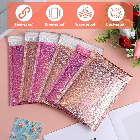 60 Pcs Bubble Mailers Foil Metallic Colored Bubble Mailers Holographic Padded Envelopes Self Seal Waterproof Shipping Bags 6 x 8 Inch for Jewelry Cosmetics Books Gifts in Kuwait