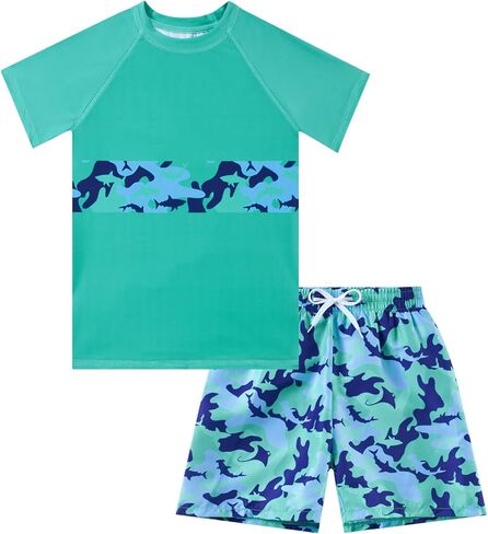 Boys Rash Guard Swimsuit Kids Bathing Suit Swim Trunk with Shirt 2 Piece Set for 7-14 in Saudi Arabia