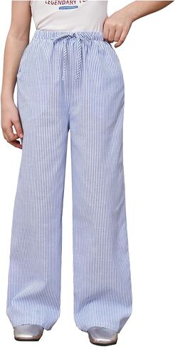 GORGLITTER البنات السراويل العصرية الكتان مخطط واسعة الساق منخفضة الارتفاع فضفاض Sweatpants عارضة بوهو السراويل قيعان السراويل in Saudi Arabia