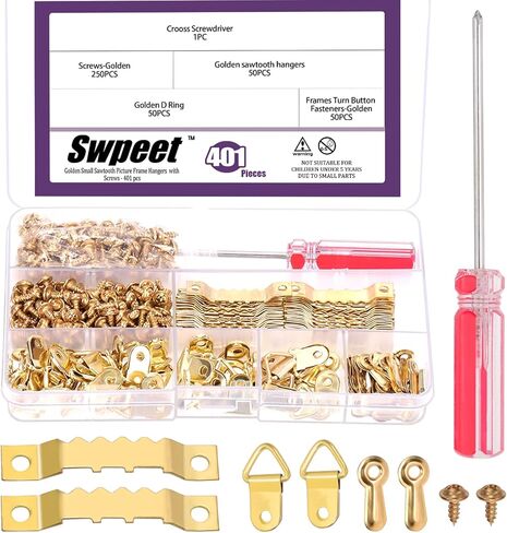 Swpeet 401Pcs Black Picture Hangers Kit, Including Metal Sawtooth Picture Hangers Double Hole and Picture Frames Turn Button and D Ring Picture Frame Hanger and Screwdriver for Hanging Pictures in Kuwait