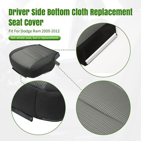 Replacement Driver Bottom Side Cloth Seat Cover, Foam Cushion Compatible with Dodge Ram 1500 2500 3500 4500 5500 (2009 2010 2011 2012) Driver Side Bottom Lower Replacement Gray in Kuwait
