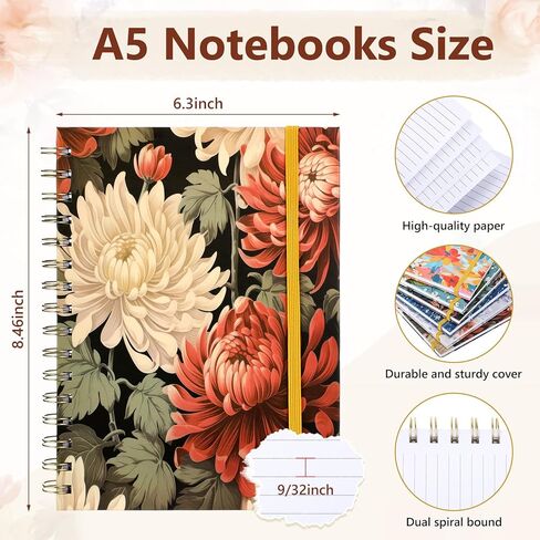 Resurhang 6 Pack Spiral Notebook A5 Hardcover Lined Journal for Women with 2 Pockets Vintage Floral Spiral Journal College Ruled Notebooks 160 Pages & 80 Sheets for Work School Office(Vintage Floral) in Kuwait