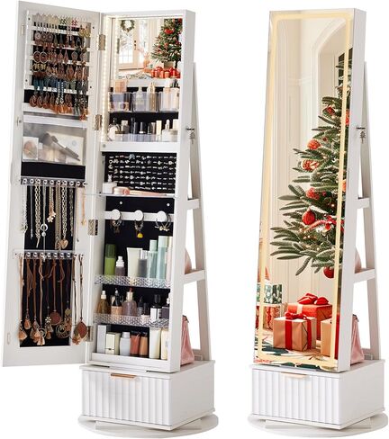 Rattan 360° Swivel Jewelry Armoire Cabinet Standing with Full Length Mirror, Lockable Jewelry Organizers and Drawer Storage with 3 Color LED Lights & Interior Mirror Rear Storage Shelves in Saudi Arabia