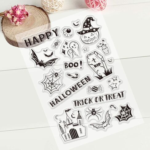 1 Sheet PVC Plastic Clear Stamps, Halloween Themed Silicone Stamp, Ghost Pumpkin Castle Pattern Clear Stamp for DIY Scrapbooking Photo Album Decorative Cards Making, 6.3x4.33x0.12inch in Kuwait