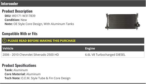 Marketplace Auto Parts - Intercooler - Compatible with 2006-2010 Chevy Silverado 2500 HD 6.6L V8 Turbo Diesel in Kuwait