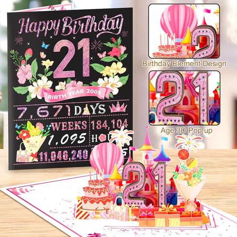 بطاقة عيد ميلاد 21، ثلاثية الأبعاد منبثقة زينة عيد ميلاد مضحكة 21 للفتيات أخت حفيدة، هدية عيد ميلاد سعيدة تبلغ من العمر 21 عامًا لابنتها، فكرة رائعة للهدايا عمرها 21 عامًا لها، جمبو روز جلود في عام 2005 in Kuwait