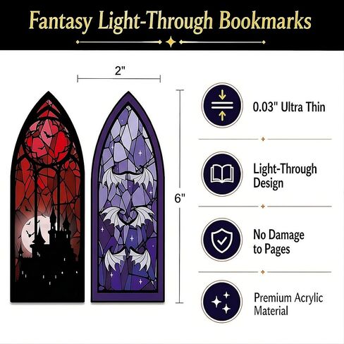 Stained Glass Style Acrylic Bookmarks Set of 2 Fantasy Inspired Transparent Bookmarks Featuring Blood Moon Castle and Shadowwing Designs in Saudi Arabia