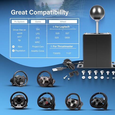 PC USB Sim Racing Shifter 6+R H Gear Shifter متوافق مع عجلة القيادة Logitech G29 G27 G25 G920 T300RS/GT، لجهاز الكمبيوتر الذي يعمل بنظام Windows، قم بتوصيله مباشرة بالكمبيوتر، لوحة علوية معدنية، مقبض أثقل in Kuwait
