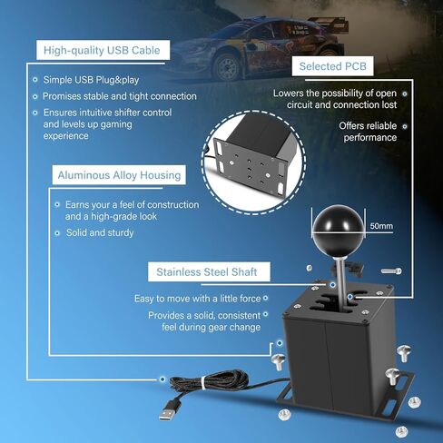 PC USB Sim Racing Shifter 6+R H Gear Shifter متوافق مع عجلة القيادة Logitech G29 G27 G25 G920 T300RS/GT، لجهاز الكمبيوتر الذي يعمل بنظام Windows، قم بتوصيله مباشرة بالكمبيوتر، لوحة علوية معدنية، مقبض أثقل in Kuwait