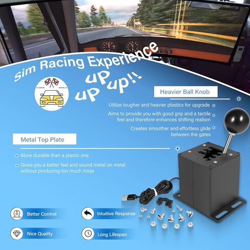 PC USB Sim Racing Shifter 6+R H Gear Shifter متوافق مع عجلة القيادة Logitech G29 G27 G25 G920 T300RS/GT، لجهاز الكمبيوتر الذي يعمل بنظام Windows، قم بتوصيله مباشرة بالكمبيوتر، لوحة علوية معدنية، مقبض أثقل in Kuwait