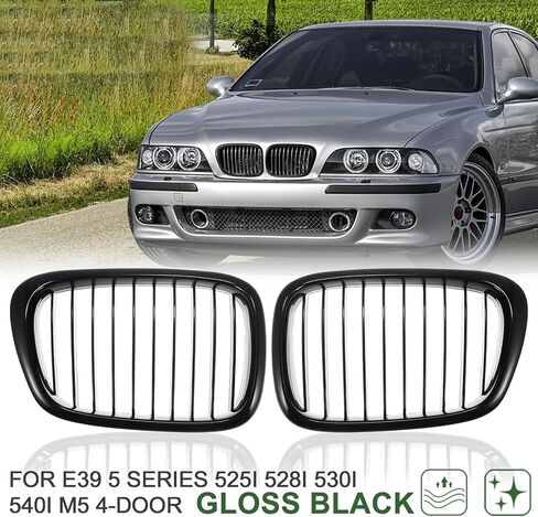 2 قطعة استبدال شواية الكلى باللون الأسود اللامع متوافق مع BMW E39 1999 2000 2001 2002 2003 5 Series 528i 540i مجموعة شبكة غطاء المحرك ذات 4 أبواب in Kuwait