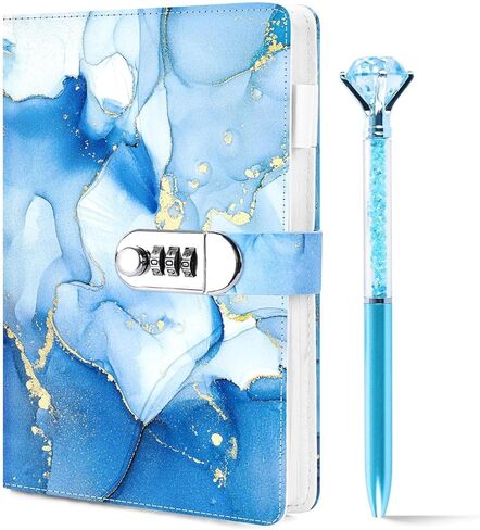 Koogel Diary with Lock, A5 PU leather Journal with Lock 120 Sheets Password Locked Travel Notebook with Crystal Diamond Pen Pink in Saudi Arabia