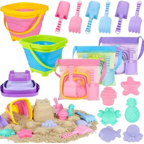 Collapsible Beach Toys for Kids, 3 Pack Foldable Sand Buckets and Shovels Set with Mesh Bag, Silicone Pails Shovels Molds, Sandbox Travel Sand Toys for Beach Essentials for Toddlers Kids Age 3-10 in Saudi Arabia