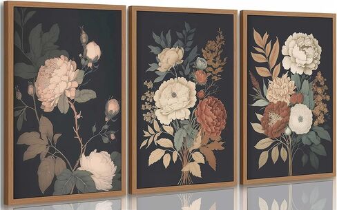 3Pcs Vintage Peony Flower Still Life Canvas Wall art Rustic Dark Floral Plant Painting Picture Farmhouse Wall Decor Posters Print Artwork for Women's Room Living Room Bedroom Home Decoration in Saudi Arabia