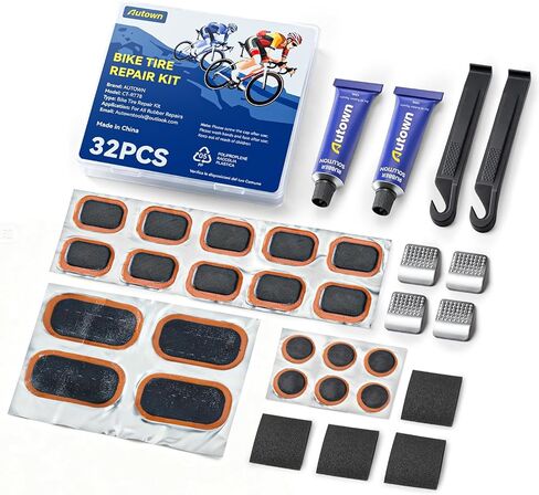 AUTOWN Bike Tire Repair Kit, 32PCS Bicycle Inner Tube Patch Kit with Patches, Tire Levers, Rubber Repair Sealants and Portable Case for Bikes, Motorcycles & Inflatable Tubes in Kuwait
