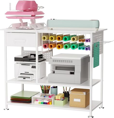 Large Heat Press Table with Power Station, Pegboard and Hooks, 3 Tier Heat Press Stand Desk Cart with Vinyl Storage and Drawer, Metal Mobile Workbench for DIY Sublimation, T-Shirts Caps Heat Transfer in Saudi Arabia
