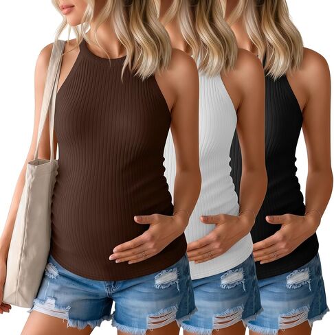 3 Pack Women's Maternity Tank Tops | 92% Cotton, Ribbed Knit, Pregnancy Shirts, Summer, Sleeveless, Halter Clothes, Casual, Layering, Daily Wear in Saudi Arabia