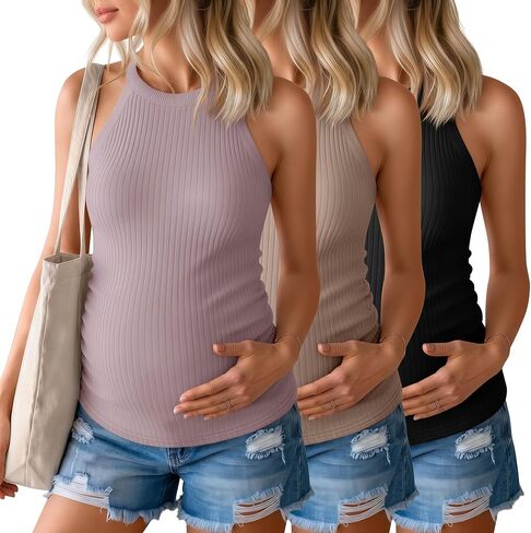 3 Pack Women's Cotton Maternity Halter Tank Tops Tees Ribbed Sleeveless Side Ruched Soft Basic Pregnancy Shirts in Saudi Arabia