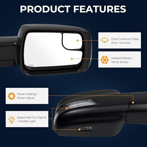 Right Passenger Side Matte Black Mirror Compatible With Ram 1500 2019-2025 Power Folding Heated Mirror With Turn Signal Puddle Light Replacement for 68276500AH(10Pins) in Saudi Arabia