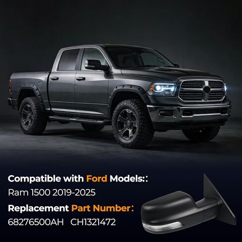 Right Passenger Side Matte Black Mirror Compatible With Ram 1500 2019-2025 Power Folding Heated Mirror With Turn Signal Puddle Light Replacement for 68276500AH(10Pins) in Saudi Arabia