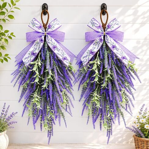 Spring Sunflower Teardrop Swag Wreaths Decorations, 24'' Spring Summer Teardrop Wreath Sunflower Floral Hanging Decor, Farmhouse Neutral Burlap Bow Swag Decorations for Front Door Porch Decor in Saudi Arabia
