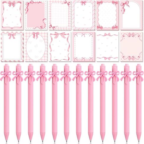 DERTE 24 Pcs Pink Bow Cute Sticky Notes with Pens Coquette Bow Self-Stick Notepad Black Ink Ballpoint Pens Pink Party Favors Office School Supplies for Women Birthday Wedding Bridal Engagement Gift in Saudi Arabia