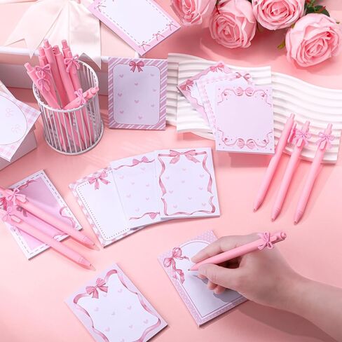 DERTE 24 Pcs Pink Bow Cute Sticky Notes with Pens Coquette Bow Self-Stick Notepad Black Ink Ballpoint Pens Pink Party Favors Office School Supplies for Women Birthday Wedding Bridal Engagement Gift in Saudi Arabia