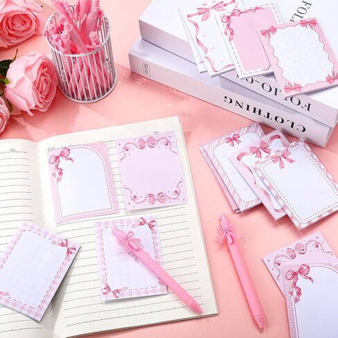 DERTE 24 Pcs Pink Bow Cute Sticky Notes with Pens Coquette Bow Self-Stick Notepad Black Ink Ballpoint Pens Pink Party Favors Office School Supplies for Women Birthday Wedding Bridal Engagement Gift in Saudi Arabia
