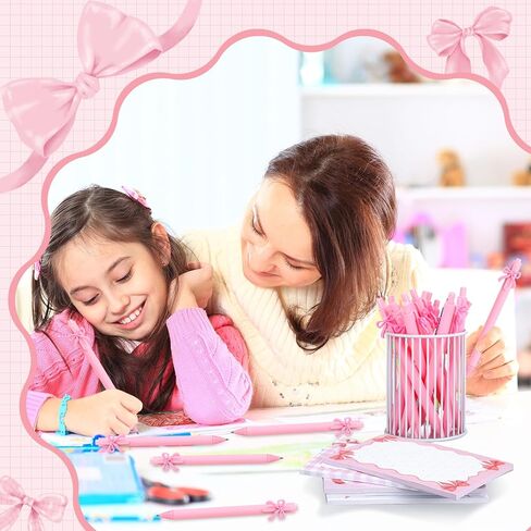 DERTE 24 Pcs Pink Bow Cute Sticky Notes with Pens Coquette Bow Self-Stick Notepad Black Ink Ballpoint Pens Pink Party Favors Office School Supplies for Women Birthday Wedding Bridal Engagement Gift in Saudi Arabia