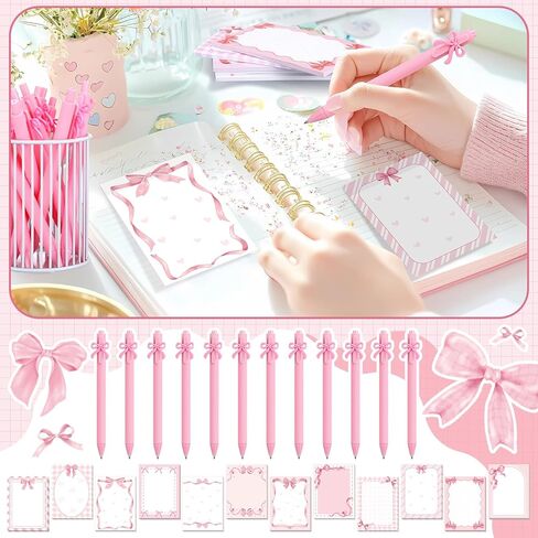 DERTE 24 Pcs Pink Bow Cute Sticky Notes with Pens Coquette Bow Self-Stick Notepad Black Ink Ballpoint Pens Pink Party Favors Office School Supplies for Women Birthday Wedding Bridal Engagement Gift in Saudi Arabia