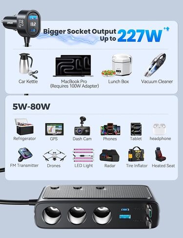 JOYROOM 9 in 1 Cigarette Lighter Splitter, 227W Dual Retractable Car Charger - 45W/24V(36W/12V) USB C Fast Charger for iPhone 17/Samsung, Independent Switches Cigarette Lighter Adapter for Car Devices in Saudi Arabia