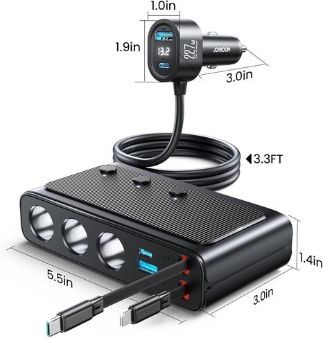 JOYROOM 9 in 1 Cigarette Lighter Splitter, 227W Dual Retractable Car Charger - 45W/24V(36W/12V) USB C Fast Charger for iPhone 17/Samsung, Independent Switches Cigarette Lighter Adapter for Car Devices in Saudi Arabia