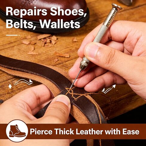 Copper Handle Sewing Awl Kit Leather Canvas Shoe Repair Tool with 4 Steel Needles 10 Fine Hole Needles DIY Craft (Pack of 1) in Kuwait