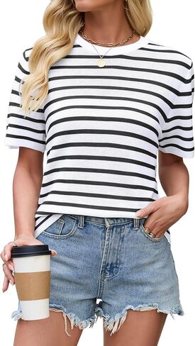Allimy Womens Striped Color Block Lightweight Sweater Tops 2026 Summer Casual Loose Fit T-Shirt Blouses in Saudi Arabia