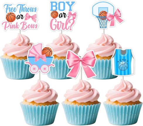 36 Pieces Free Throws or Pink Bows Gender Reveal Cupcake Toppers - Pink Blue Basketball or Bows Gender Reveal Cake Decorations, Double Sided Cupcakes for Sports Themed Baby Shower Party in Kuwait