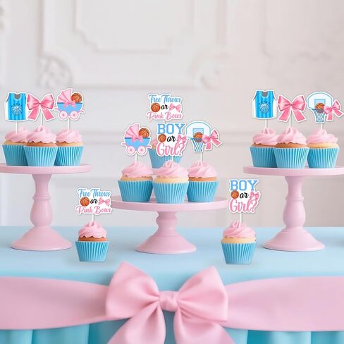 36 Pieces Free Throws or Pink Bows Gender Reveal Cupcake Toppers - Pink Blue Basketball or Bows Gender Reveal Cake Decorations, Double Sided Cupcakes for Sports Themed Baby Shower Party in Kuwait