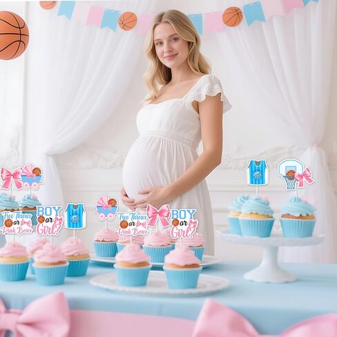 36 Pieces Free Throws or Pink Bows Gender Reveal Cupcake Toppers - Pink Blue Basketball or Bows Gender Reveal Cake Decorations, Double Sided Cupcakes for Sports Themed Baby Shower Party in Kuwait